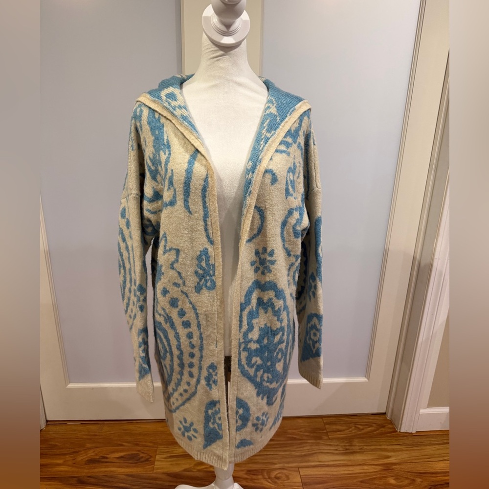 Anthropologie Stitchdrop Jacquard Blue Ivory Paisley Long Cardigan Sweater XL